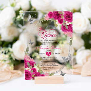 Invitaciones Acrílicas Tiara de Mariposa de Plata Rosa Floral Mis Quincea