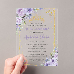 Invitaciones Acrílicas Tiara de Mariposas Florales Lila Quinceañera