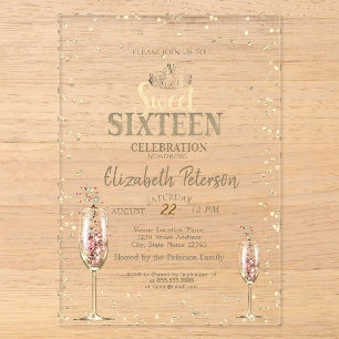 Invitaciones Acrílicas Tiara de oro, copa de champán con diamantes Dulces
