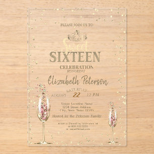 Invitaciones Acrílicas Tiara de oro, Diamonds Champagne Glass Sweet 16