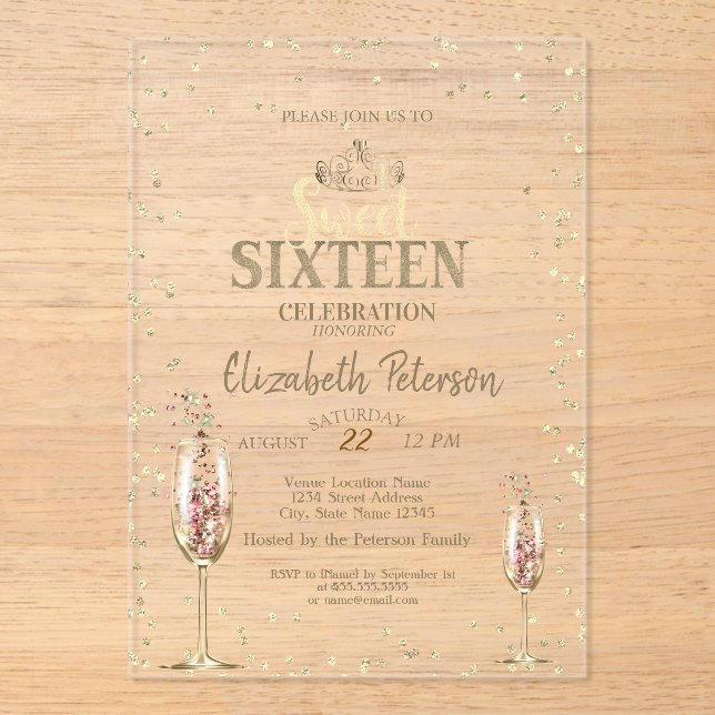 Invitaciones Acrílicas Tiara de oro, Diamonds Champagne Glass Sweet 16 (Anverso)