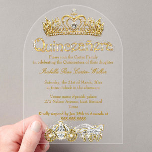 Invitaciones Acrílicas Tiara de oro para Quinceañera con diamantes Prince