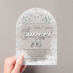 Invitaciones Acrílicas Tiara de plata Cumpleaños Sweet 16 copos de nieve