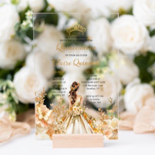 Invitaciones Acrílicas Tiara de Princesa Floral Radiante de Quinceañera d