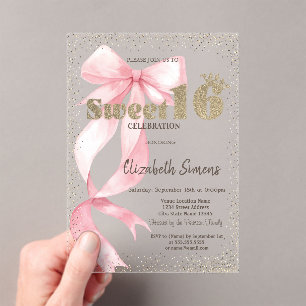 Invitaciones Acrílicas Tiara de purpurina,Confeti,Lazo rosa Sweet 16