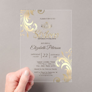 Invitaciones Acrílicas Tiara Dorada con Remolinos Elegantes y con Estilo