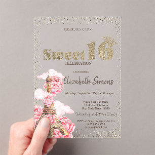 Invitaciones Acrílicas Tiara dorada, Confeti, Cumpleaños dulce 16 rayado 