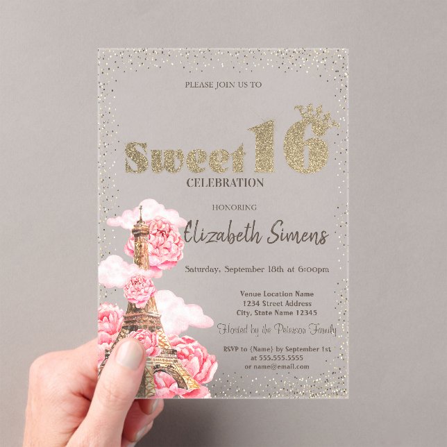 Invitaciones Acrílicas Tiara dorada, Confeti, Cumpleaños dulce 16 rayado  (Insitu (portátil))