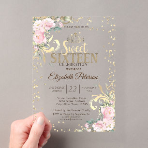 Invitaciones Acrílicas Tiara Dorada Dulces Diamantes Flores 16 Fiesta