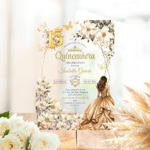 Invitaciones Acrílicas Tiara Dorada Flor Beige Mariposas Quinceañera