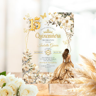 Invitaciones Acrílicas Tiara Dorada Flor Beige Mariposas Quinceañera