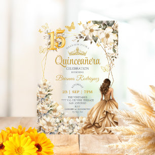 Invitaciones Acrílicas Tiara Dorada Floral Beige Quinceañera