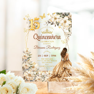 Invitaciones Acrílicas Tiara Dorada Floral Beige Quinceañera 
