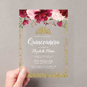 Invitaciones Acrílicas Tiara Floral Burgundy Rubor Quinceañera