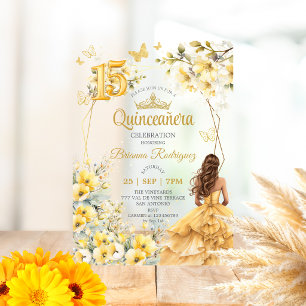 Invitaciones Acrílicas Tiara floral de mariposa amarilla dorada Quinceañe