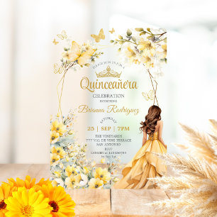 Invitaciones Acrílicas Tiara floral de mariposa amarilla dorada Quinceañe