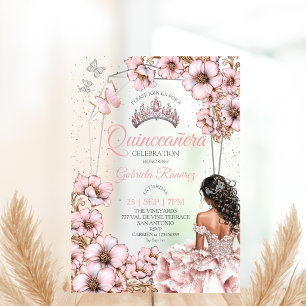 Invitaciones Acrílicas Tiara floral de mariposa de plata rosa Quinceañera