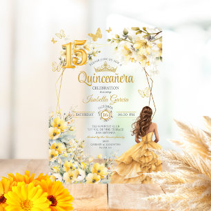 Invitaciones Acrílicas Tiara floral de mariposa dorada amarilla Quinceañe