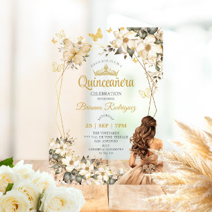 Invitaciones Acrílicas Tiara Floral Dorada Beige Mariposa Quinceañera 