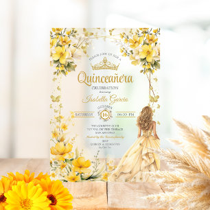 Invitaciones Acrílicas Tiara Floral Mariposas Amarillo Dorado Quinceañera
