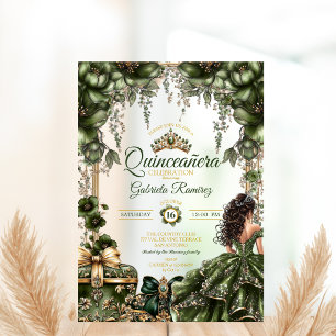 Invitaciones Acrílicas Tiara Floral Verde Esmeralda Dorada Quinceañera