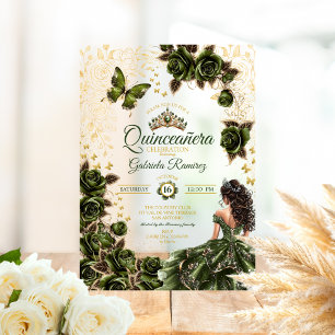 Invitaciones Acrílicas Tiara Floral Verde Esmeralda Dorada Quinceañera