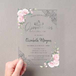 Invitaciones Acrílicas Tiara plateada elegante, Flores rosadas de diamant