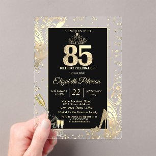 Invitaciones Acrílicas Tiara Purpurina Heels Diamonds Swirls 50 cumpleaño