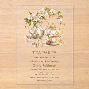Invitaciones Acrílicas Tiempo de Fiesta del té de la tetera floral para e