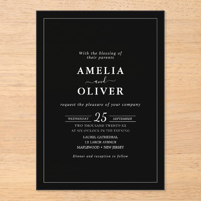 Invitaciones Acrílicas Timeless Elegant Black & White Minimalist Wedding (Anverso)