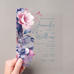 Invitaciones Acrílicas Tipografía de escritura de boda floral púrpura boh
