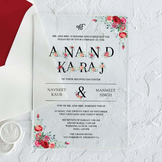 Invitaciones Acrílicas Tipografía de rosas rojas Anand Karaj Boda Sikh (Subido por el creador)