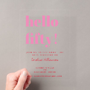 Invitaciones Acrílicas Tipografía Negrita Rosa Rojo Moderno Cumpleaños 50