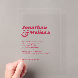 Invitaciones Acrílicas Tipografía Nupcial Rosa Caliente Chic Retro Negrit