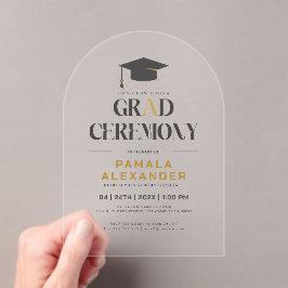 Invitaciones Acrílicas Tipografía Retro Dorado y Gris para Ceremonia de G