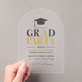 Invitaciones Acrílicas Tipografía Retro Gris Dorado Fiesta de Graduación