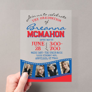 Invitaciones Acrílicas Tira de película de graduación azul y roja esmeril