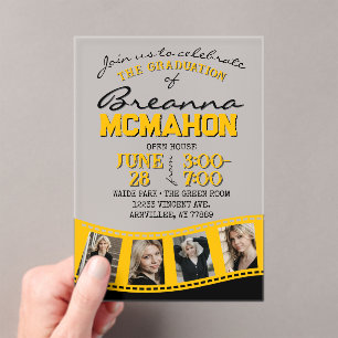 Invitaciones Acrílicas Tira de película de graduación de fotos dorada y n
