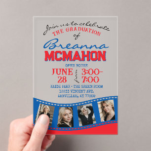Invitaciones Acrílicas Tira de película de graduación fotográfica azul y 