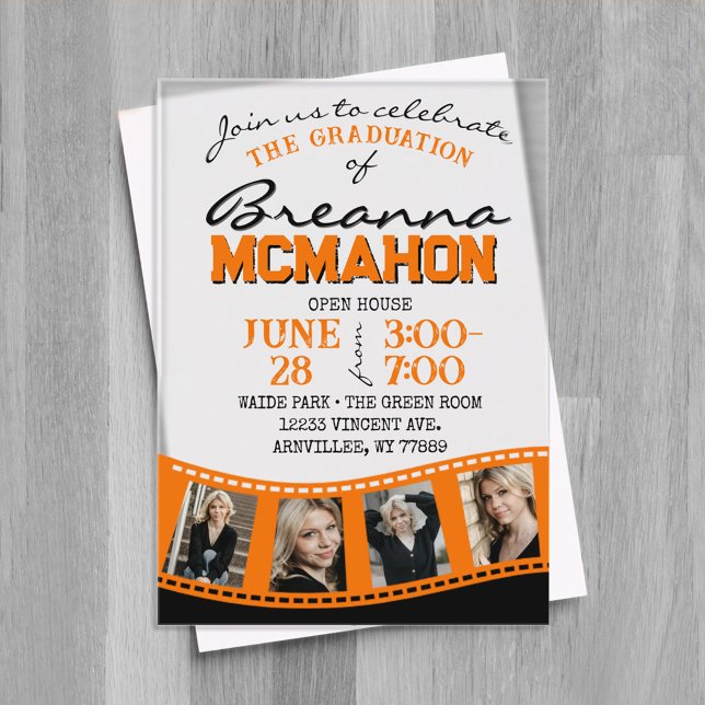 Invitaciones Acrílicas Tira de película de naranja y graduación de foto n (Orange and Black 4 Photo Filmstrip Graduation Invitations on Frosted or Clear Acrylic)