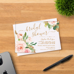 Invitaciones Acrílicas Tocado de Boda con Guión de Encaje Dorado y Floral