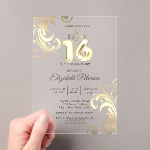 Invitaciones Acrílicas Tocado de Oro Luxuty Swirls Dulces 16