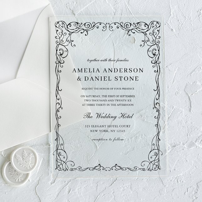 Invitaciones Acrílicas Todos en un Boda negro de hoja mínima (Subido por el creador)