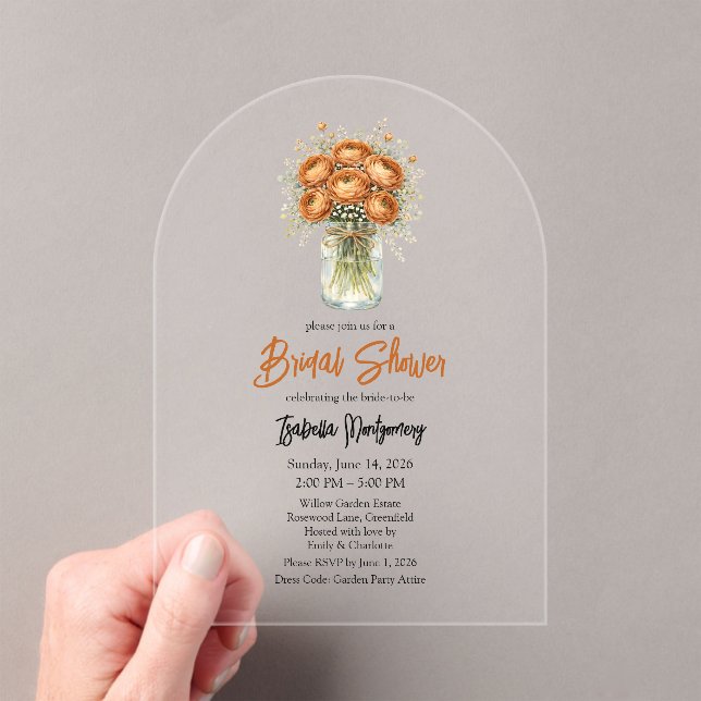 Invitaciones Acrílicas Toffee Palette Ranunculus Mason Jar Bridal Shower (Insitu (portátil))