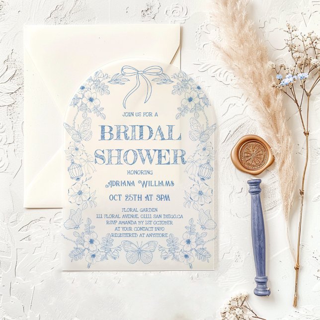 Invitaciones Acrílicas Toile Blue Floral Bow Bridal Shower (Subido por el creador)