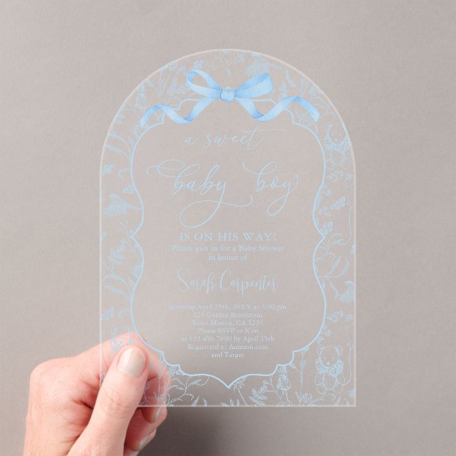 Invitaciones Acrílicas Toile De Jouy Baby Shower con animación Bow Boy (Insitu (portátil))