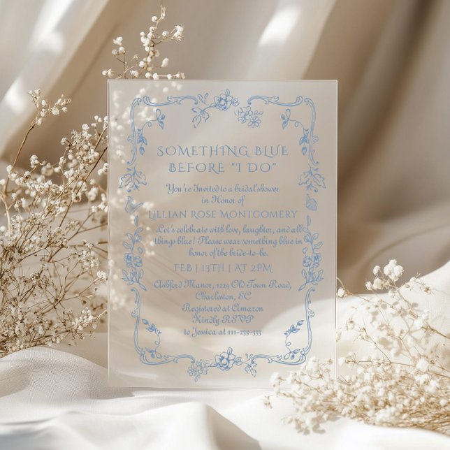 Invitaciones Acrílicas Toile Victorian Francés Algo Azul Bridal (Subido por el creador)