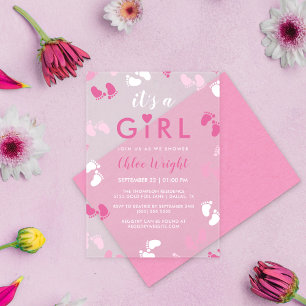 Invitaciones Acrílicas Tonos de rosa Huellas de bebé Es una niña