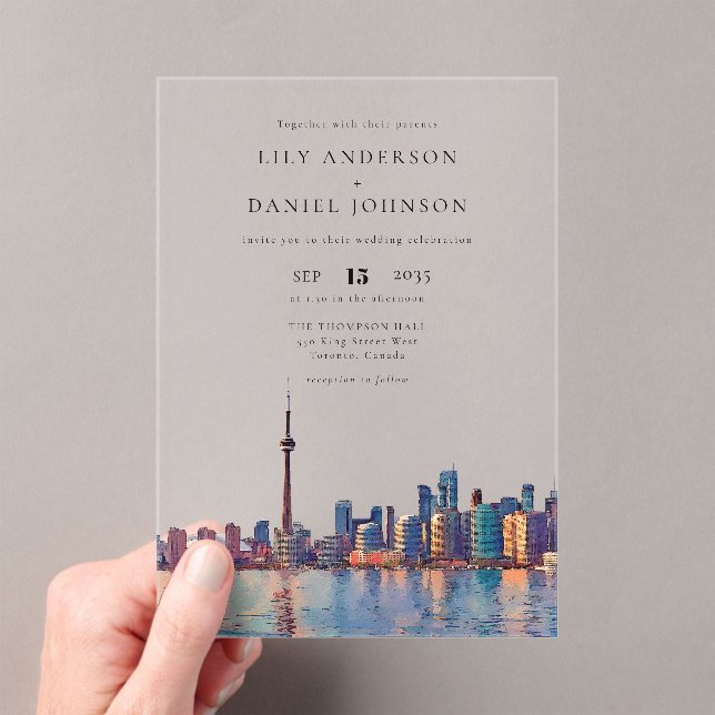 Invitaciones Acrílicas Toronto Skyline Watercolor Destination Wedding (Insitu (portátil))