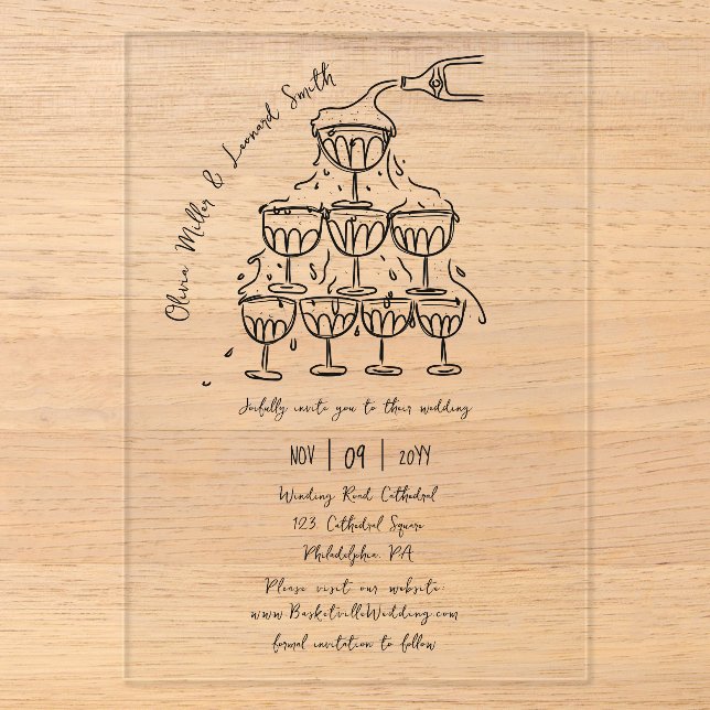 Invitaciones Acrílicas Torre de champán de boda (Anverso)
